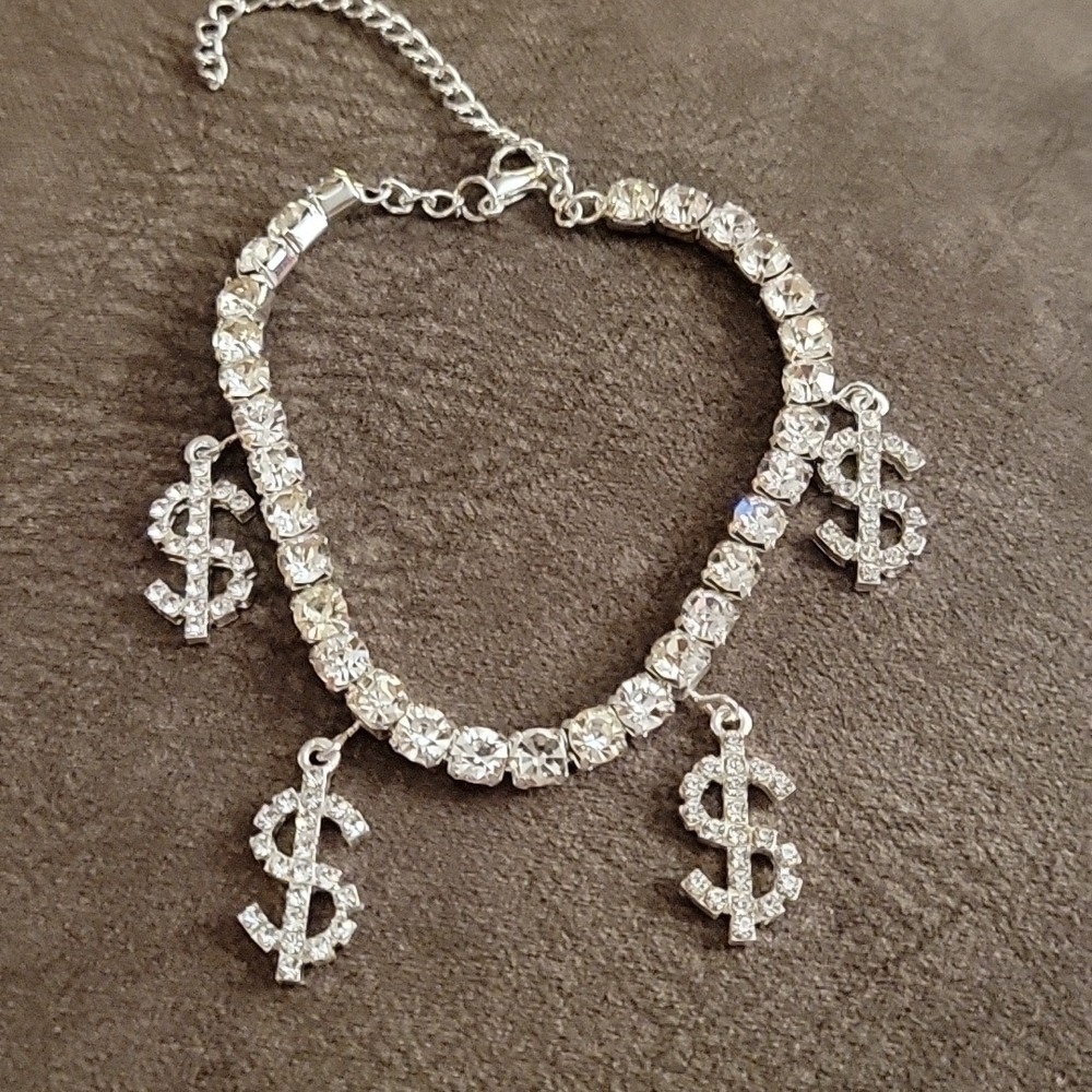 RHINESTONE Bling Dollar Sign Hip Hop Necklace Anklet Set - Picture 5 of 10